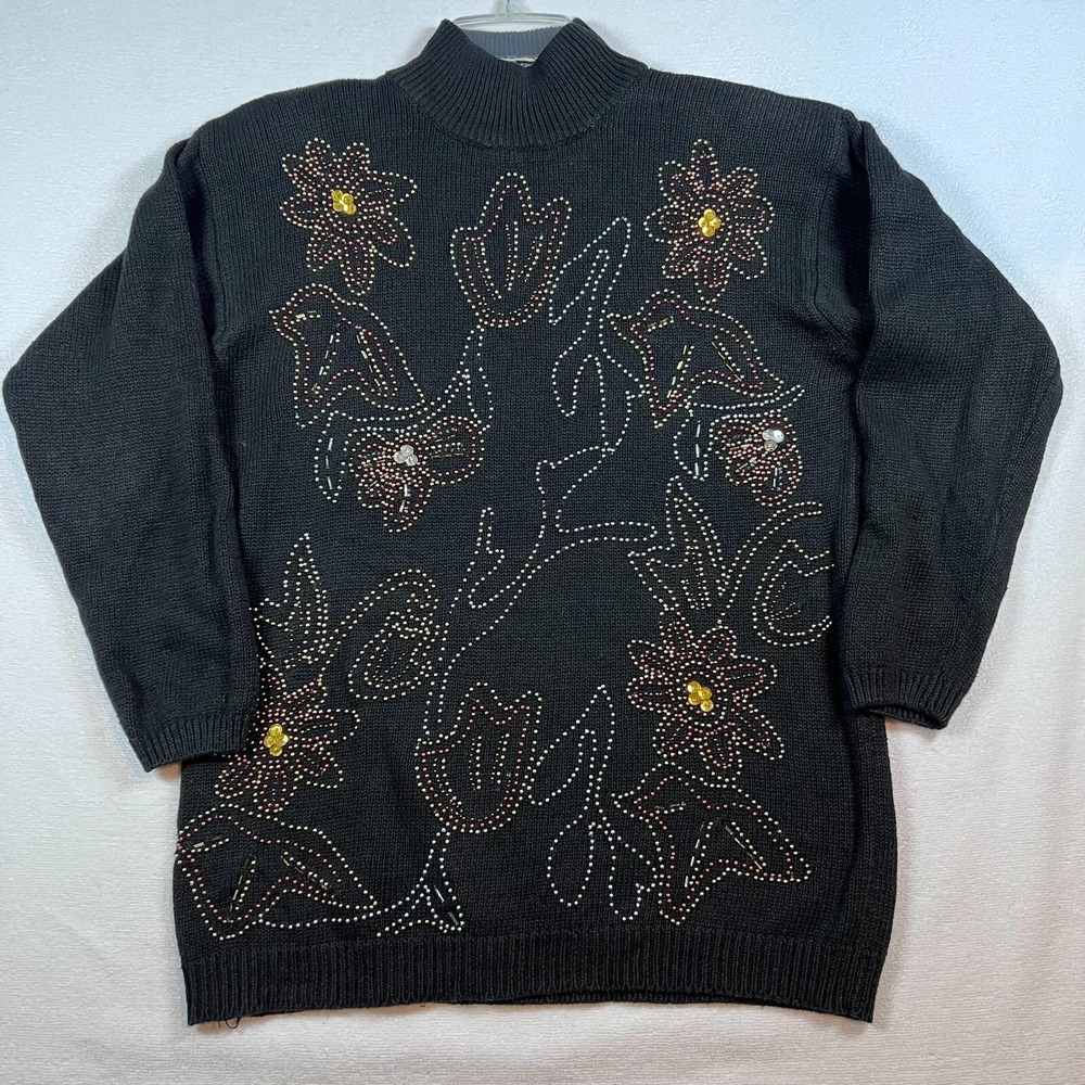 Vintage 90s Cezanne Sweater Mock Neck Beaded Floral Black Size MD Ramie Cotton